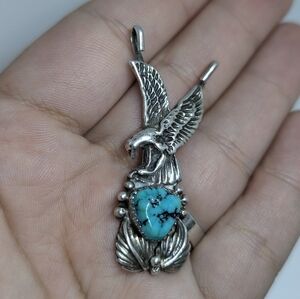 Vintage Navajo Richard Begay Turquoise Eagle Enhancer Pendant Signed RB Sterling